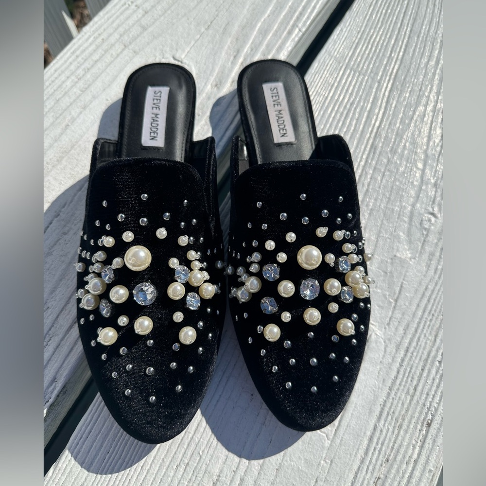 Steve Madden Black Velvet Pearl & Crystal Mules